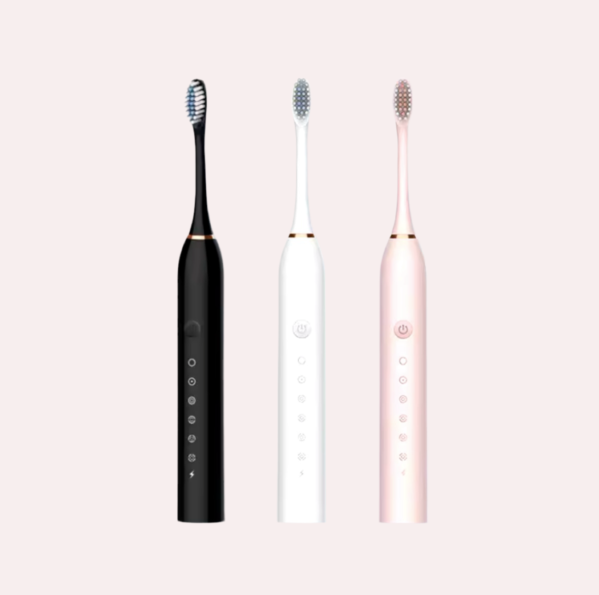 Brosse à dents électrique Visty en noir, blanc et rose, avec plusieurs modes de nettoyage et design élégant.